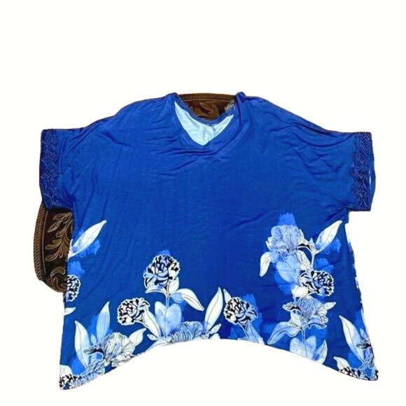 Apt 9 Rayon Spandex Blend Floral Print Navy Blue Short Sleeve Casual Blouse Sz L - Picture 8 of 12